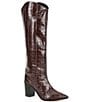 Color:Dark Chocolate - Image 1 - Maryana Block Crocodile Embossed Leather Tall Western Boots