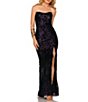 Color:Eggplant - Image 1 - Sequin Feather Side Slit Strapless Gown