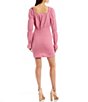 Color:Shocking Pink - Image 2 - Pippa Puckered Knit Lace Square Neck Long Shirred Puff Sleeve Mini Dress