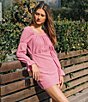 Color:Shocking Pink - Image 4 - Pippa Puckered Knit Lace Square Neck Long Shirred Puff Sleeve Mini Dress