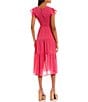 Color:Fuchsia - Image 2 - Short Flutter Sleeve Smocked Tiered Midi Dress