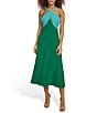 Color:Aqua Green - Image 1 - Color Block Halter Keyhole Neck Sleeveless Double Strap Midi Dress