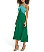 Color:Aqua Green - Image 3 - Color Block Halter Keyhole Neck Sleeveless Double Strap Midi Dress