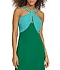 Color:Aqua Green - Image 5 - Color Block Halter Keyhole Neck Sleeveless Double Strap Midi Dress