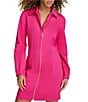 Color:Hot Pink - Image 3 - Denim Collared Long Sleeve Zip Front Mini Dress