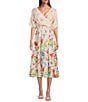 Color:White/Multi - Image 1 - Floral Surplice V Neckline Short Puff Sleeve Pleated Midi Dress