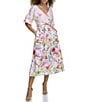 Color:White/Multi - Image 4 - Floral Surplice V Neckline Short Puff Sleeve Pleated Midi Dress