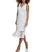 Color:White - Image 3 - Lace V-Neck Sleeveless Strappy Back Flounce Hem Mermaid Midi Dress
