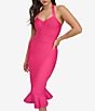 Color:Hot Pink - Image 5 - Stretch Bandage Knit Sweetheart Halter Neckline Flounce Bottom Midi Dress