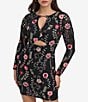 Color:Black Multi - Image 3 - Stretch Floral Embroidered Lace Keyhole Neck Long Sleeve Dress
