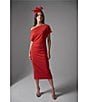 Color:Red - Image 6 - Stretch Scuba Crepe Of-the-Shoulder Short Sleeve Midi Dress