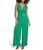 Color:Green - Image 1 - Textured Knit Deep V-Neck Sleeveless Tie Front Wide Leg Jumpsuit