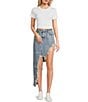 Signature 8 High-Low Fringed Distressed Denim Skirt, Color:Medium Blue - Image 3