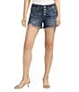 Color:Indigo - Image 1 - Mid Rise Luxe Stretch Exposed Button Frayed Hem Boyfriend Shorts