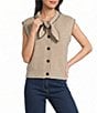 Skies Are Blue Blanket Stitch Tie Neck Cap Sleeve Button Front Sweater Knit Top - Image 1