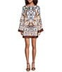 Skies Are Blue Border Printed Boat Neck Long Bell Sleeve Mini Dress, Color:Ivory/Brown - Image 1