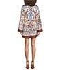 Skies Are Blue Border Printed Boat Neck Long Bell Sleeve Mini Dress, Color:Ivory/Brown - Image 2