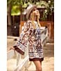 Skies Are Blue Border Printed Boat Neck Long Bell Sleeve Mini Dress, Color:Ivory/Brown - Image 4