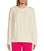 Color:Cream - Image 1 - Cable Knit Wool Blend Pearl Crew Neck Long Sleeve Sweater
