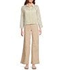 Skies Are Blue Chiffon Eyelet Button Front Point Collar Long Sleeve Blouse, Color:Cream - Image 3