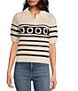 Skies Are Blue Crochet Stripe Split V-Neck Collared Short Sleeve Top,Specials : American Fashion Style Bags On Sale