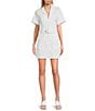 Color:White - Image 1 - Denim Notch Collar Short Sleeve Belted Mini Dress