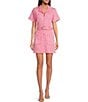 Color:Pink - Image 1 - Denim Notch Collar Short Sleeve Belted Mini Dress