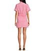 Color:Pink - Image 2 - Denim Notch Collar Short Sleeve Belted Mini Dress