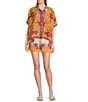 Skies Are Blue Floral Border Print Elastic Waist Coordinating Shorts, Color:Tangerine-Pink - Image 3