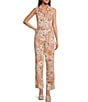 Color:Apricot - Image 1 - Floral Notch Collar Sleeveless Zip Front Straight Leg Jumpsuit