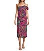 Color:Magenta Multi - Image 1 - Floral Print One Shoulder Ruffle Detail Sleeveless Midi Sheath Dress