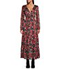 Color:Black/Red - Image 1 - Floral Print V-Neck Long Sleeve Lace-Up Back Cut-Out Woven Maxi Dress