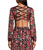 Color:Black/Red - Image 3 - Floral Print V-Neck Long Sleeve Lace-Up Back Cut-Out Woven Maxi Dress