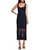 Skies Are Blue Knit Crochet Fringe Square Neck Sleeveless Midi Dress, Color:Navy - Image 1