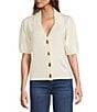 Skies Are Blue Knit V Neck Short Sleeve Button Front Top, Color:Ivory - Image 1