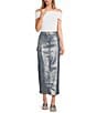 Color:Silver Blue - Image 3 - Metal Foil Denim Cargo Maxi Skirt