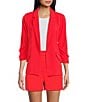 Color:Bright Coral - Image 1 - Notch Lapel Shirred 3/4 Sleeve Open Front Statement Blazer