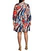 Skies Are Blue Plus Abstract Printed Button Front 3/4 Sleeve Mini Dress, Color:Blue/Red - Image 2