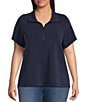 Skies Are Blue Plus Brushed Modal Blend Short Sleeve Half Zip Top, Color:Navy - Image 1
