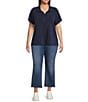 Skies Are Blue Plus Brushed Modal Blend Short Sleeve Half Zip Top, Color:Navy - Image 3