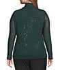 Skies Are Blue Plus Embellished Mock Neck Long Sleeve Mesh Top, Color:Hunter Green - Image 2
