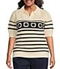 Skies Are Blue Plus Printed Pointelle Knit Collared Short Sleeve Sweater, Color:Off-White/Navy - Image 1