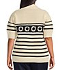 Skies Are Blue Plus Printed Pointelle Knit Collared Short Sleeve Sweater, Color:Off-White/Navy - Image 2