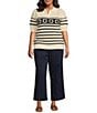 Skies Are Blue Plus Printed Pointelle Knit Collared Short Sleeve Sweater, Color:Off-White/Navy - Image 3