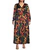 Skies Are Blue Plus Size Abstract Print Long Sleeve Poplin Maxi Dress, Color:Black Multi - Image 1