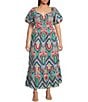 Skies Are Blue Plus Size Abstract Print Tiered Midi Dress, Color:Green Multi - Image 1