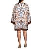 Skies Are Blue Plus Size Border Print Bell Sleeve Mini Shift Dress, Color:Ivory/Brown - Image 2