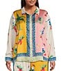 Skies Are Blue Plus Size Coordinating Border Print Long Sleeve Woven Blouse, Color:Ivory-Sun - Image 1