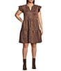 Skies Are Blue Plus Size Cap Sleeve Faux-Suede Tiered Mini Dress, Color:Chocolate - Image 1