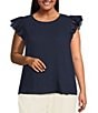 Skies Are Blue Plus Size Crochet Trim Gauze Top, Color:Navy - Image 1